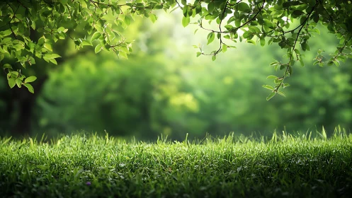 Sunlit grassy field with leafy branches in natural, serene style.