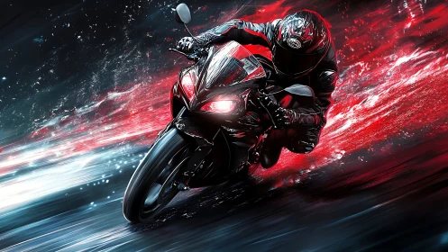 Blazing sportbike racer carving neon streaks at speed.