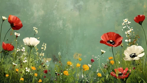 Wildflower Garden Composition with Red and White Poppies. Oil painting.