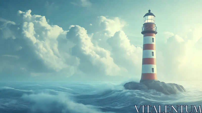 Red and white lighthouse on rocky island in rough sea.