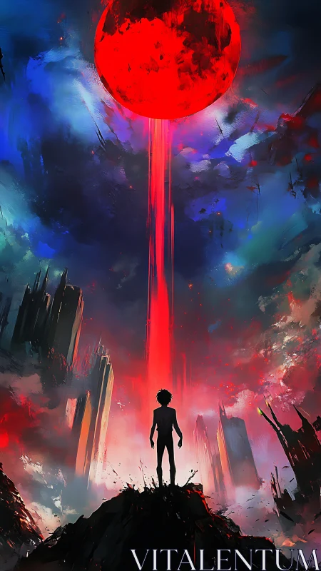 Crimson worldbreaker rises above a lone, daring wanderer