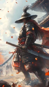 Lone samurai strides through drifting embers and memory.