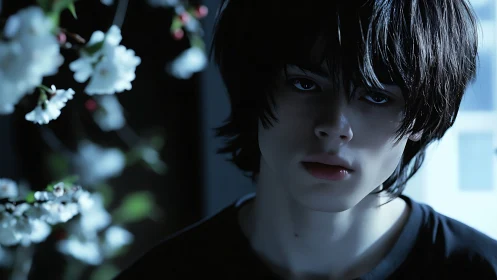 Melancholic youth in blue light beside soft white blossoms.