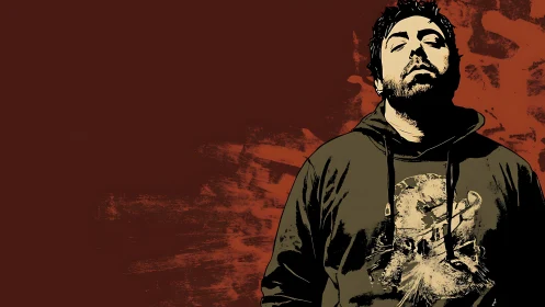 Vectorized portrait with grunge contrast on ochre negative space.