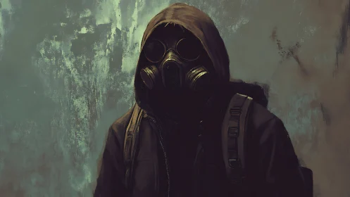 Wanderer in a gas mask pauses by a weathered wall.