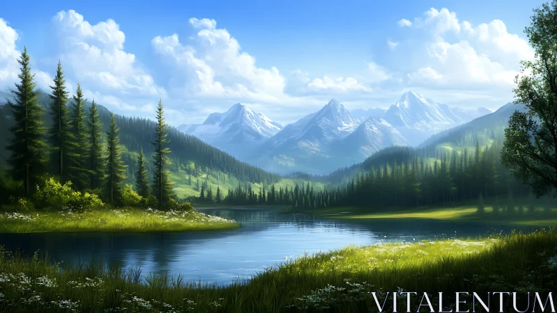 Mountain lake with conifer forest and distant snowy peaks.