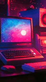 Retro computer under neon glow with cosmic screenscape.