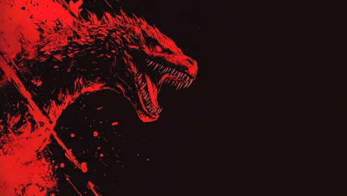 Crimson kaiju profile with splatter-driven graphic contrast.