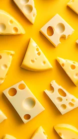 Playful swiss cheese slices float on a vivid yellow field