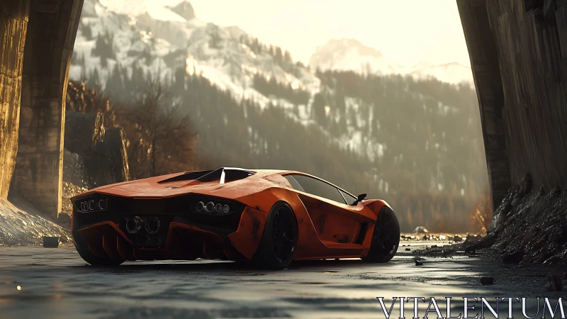 Orange supercar rests under alpine overpass in dusk light.