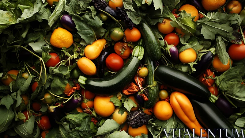 Garden bounty carnival of squash, citrus, eggplant and greens.
