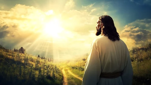 Sunlit path of quiet faith with a robed wanderer at dawn.