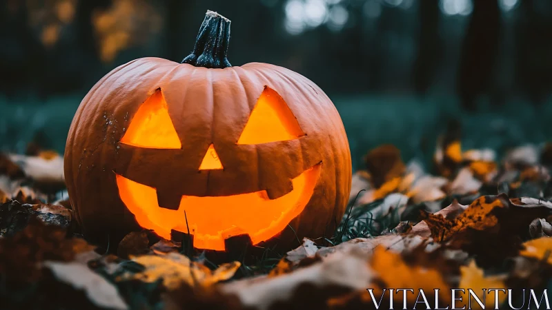 Glowing jack o’ lantern smiles warmly in a misty autumn yard
