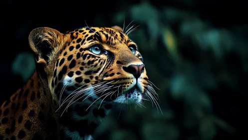 Leopard portrait in sharp focus against dark foliage.
