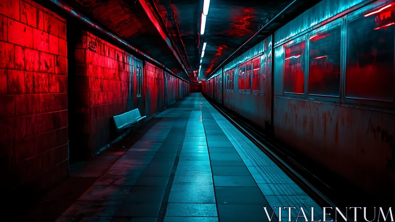 Neon-soaked empty subway platform in bold red and cyan glow.