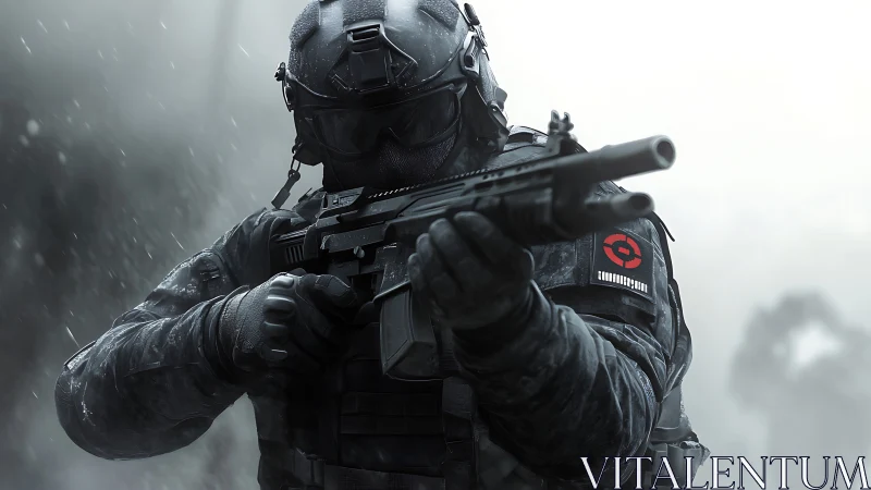 Tactical operative in wet combat gear with shotgun poised.