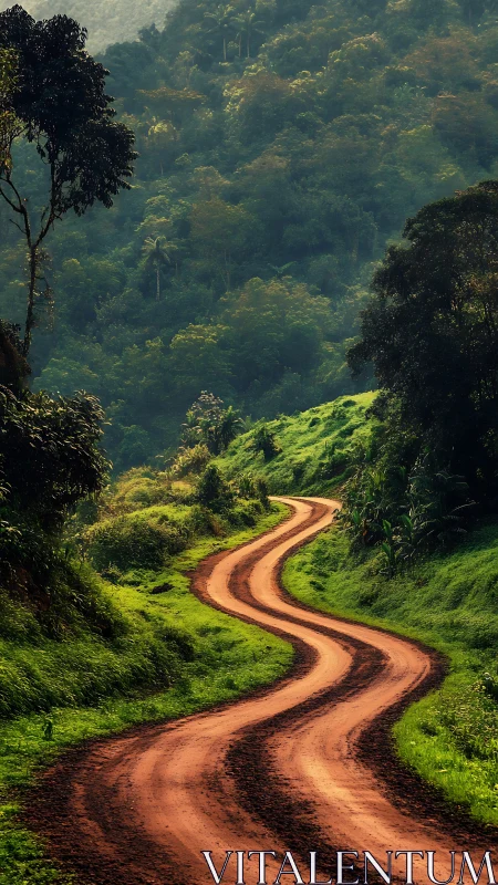 Photorealistic winding dirt road through lush tropical valley.