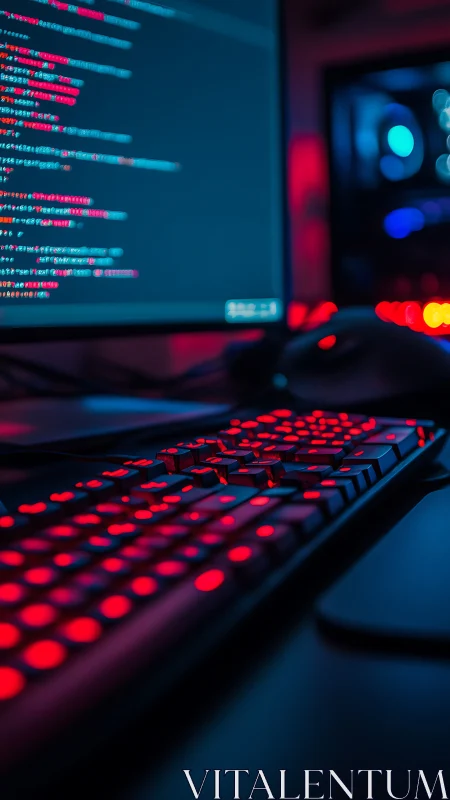 Backlit coding workstation glows with neon red keys.