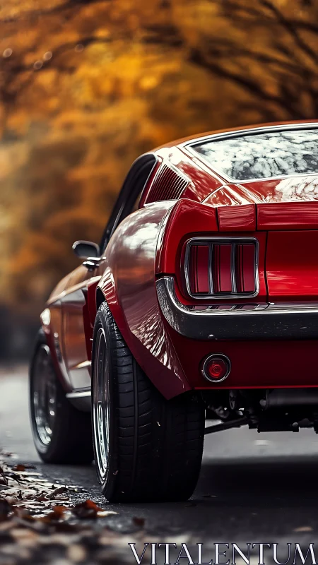 Crimson classic car glowing against a soft autumn blur.