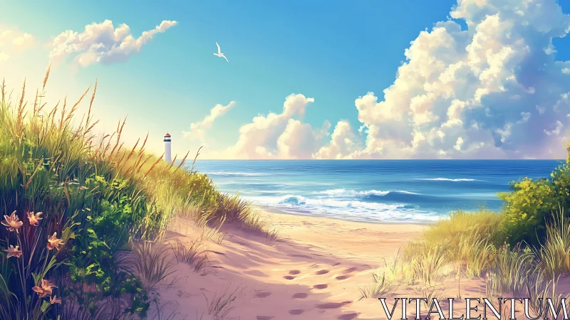 Sunlit dune path leads toward calm sea and lighthouse.