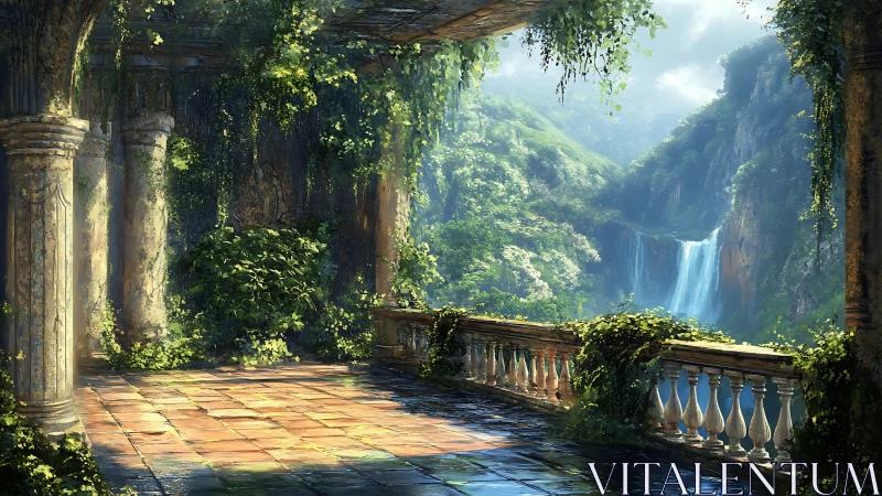 Sunlit ruined terrace overlooks lush valley waterfall
