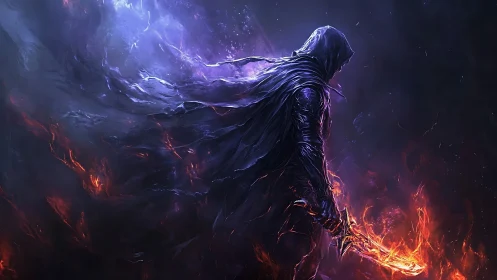 Shadow-cloaked warlock strolls between nebula and hellfire