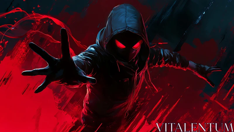 Hooded vigilante lunges through red neon chaos at viewer.
