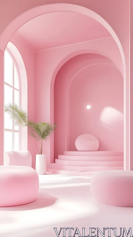 Minimal pink interior with arches, steps and soft seating.