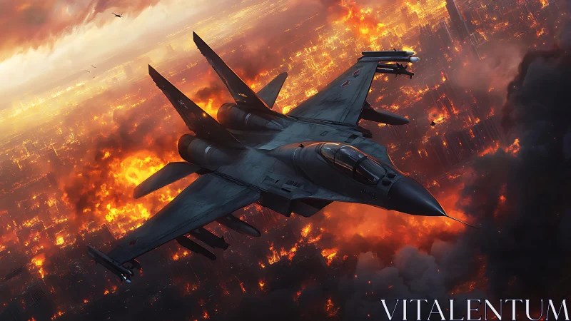 Military jet fighter flying through massive urban firestorm