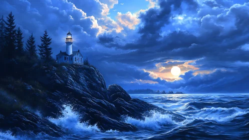 Moonlit lighthouse guiding waves along a stormy blue coast.