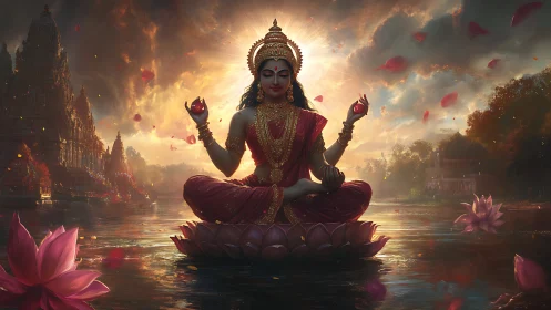 Digital goddess on lotus over river at glowing sunset.