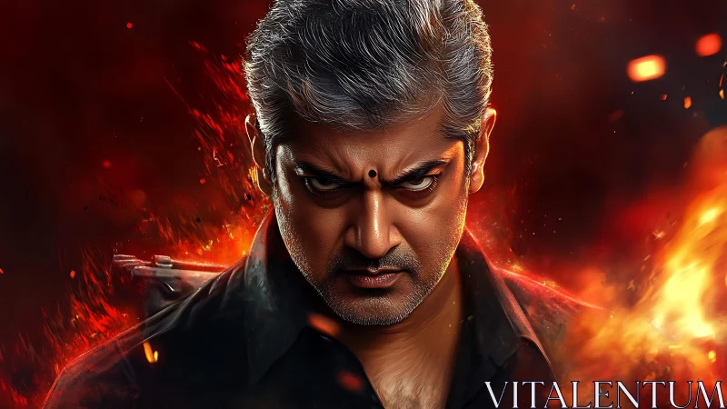 Smoldering vigilante glare amid swirling cinematic firestorm.