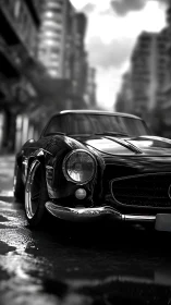 Classic black sports car on wet city street at dusk.