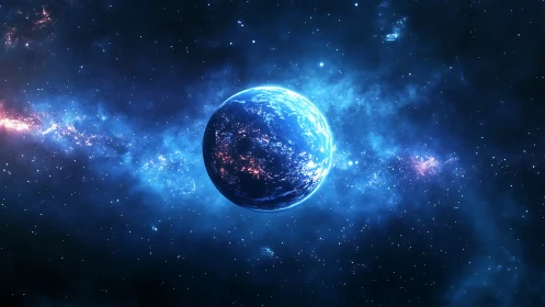 Illuminated exoplanet in blue nebular starfield panorama