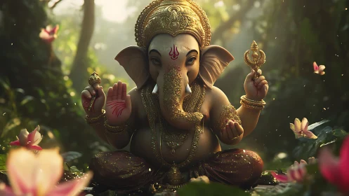 Elephant headed deity statue seated in forest setting.