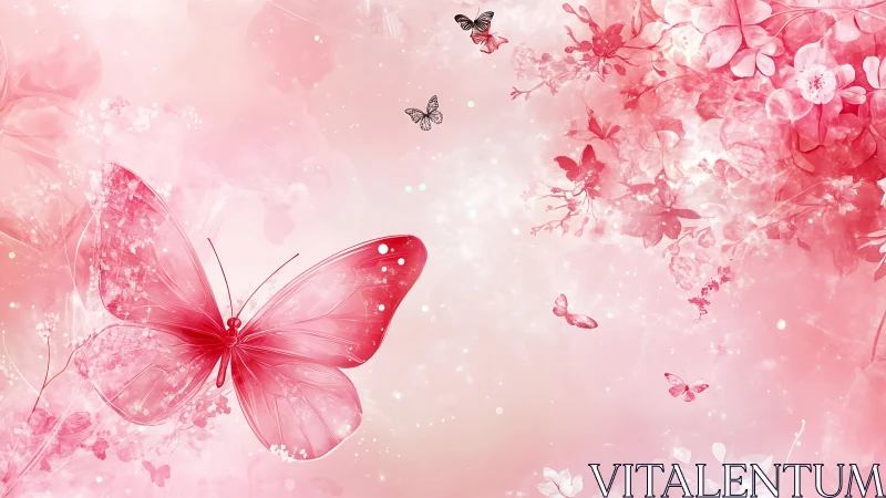 Pink butterfly fantasy over glowing floral garden.