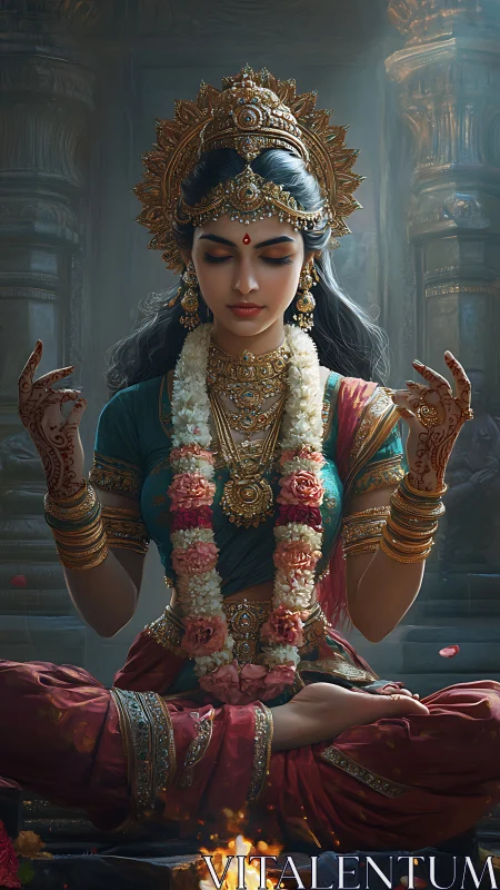 Regal Indian woman meditating in ornate temple setting.