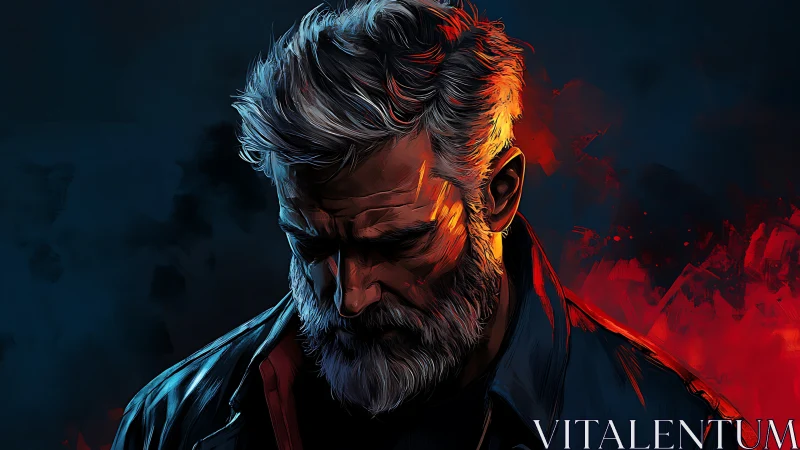 Weathered man in glowing twilight of quiet reflection.