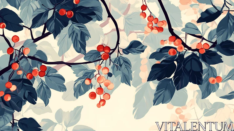 Crimson berries swing like tiny lanterns in soft twilight