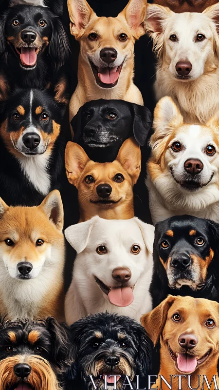 High-resolution canine portrait grid with diverse breed visages.