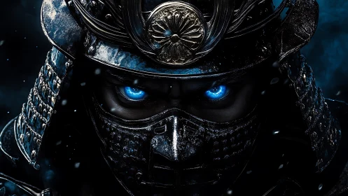 Armored warrior helmet close-up with blue illuminated eyes.