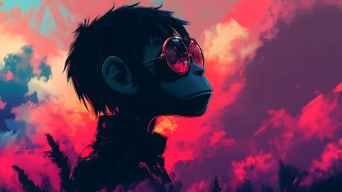 Simian silhouette with neon sky and reflective red lenses.