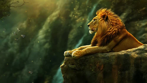 Radiant lion sentinel on rocky ledge in luminous forestscape.