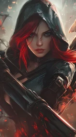 Scarlet-haired huntress advances through embers and shadowed steel