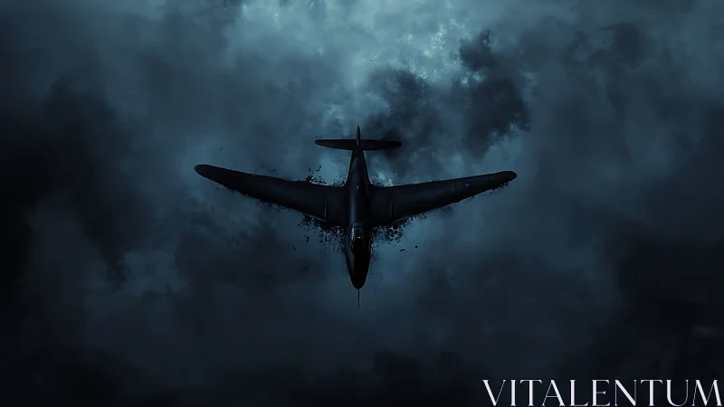 Military aircraft silhouette is centered within dense clouds