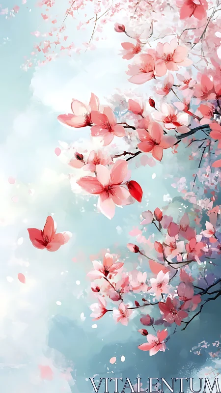 Cherry Blossoms Drift Through Soft Sky Light