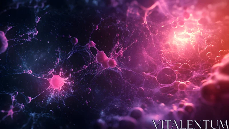 Abstract neural network illustration with glowing purple and pink neurons.
