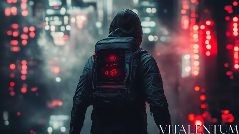 Lone night wanderer glowing softly in neon city haze.