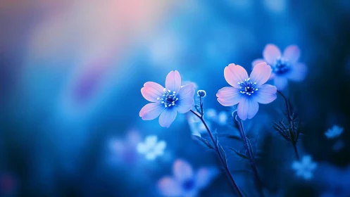 Delicate Pink Cosmos Flowers Against Blue Twilight.