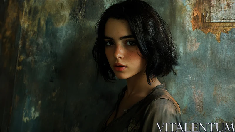 Low-key portrait of freckled girl against weathered textured wall